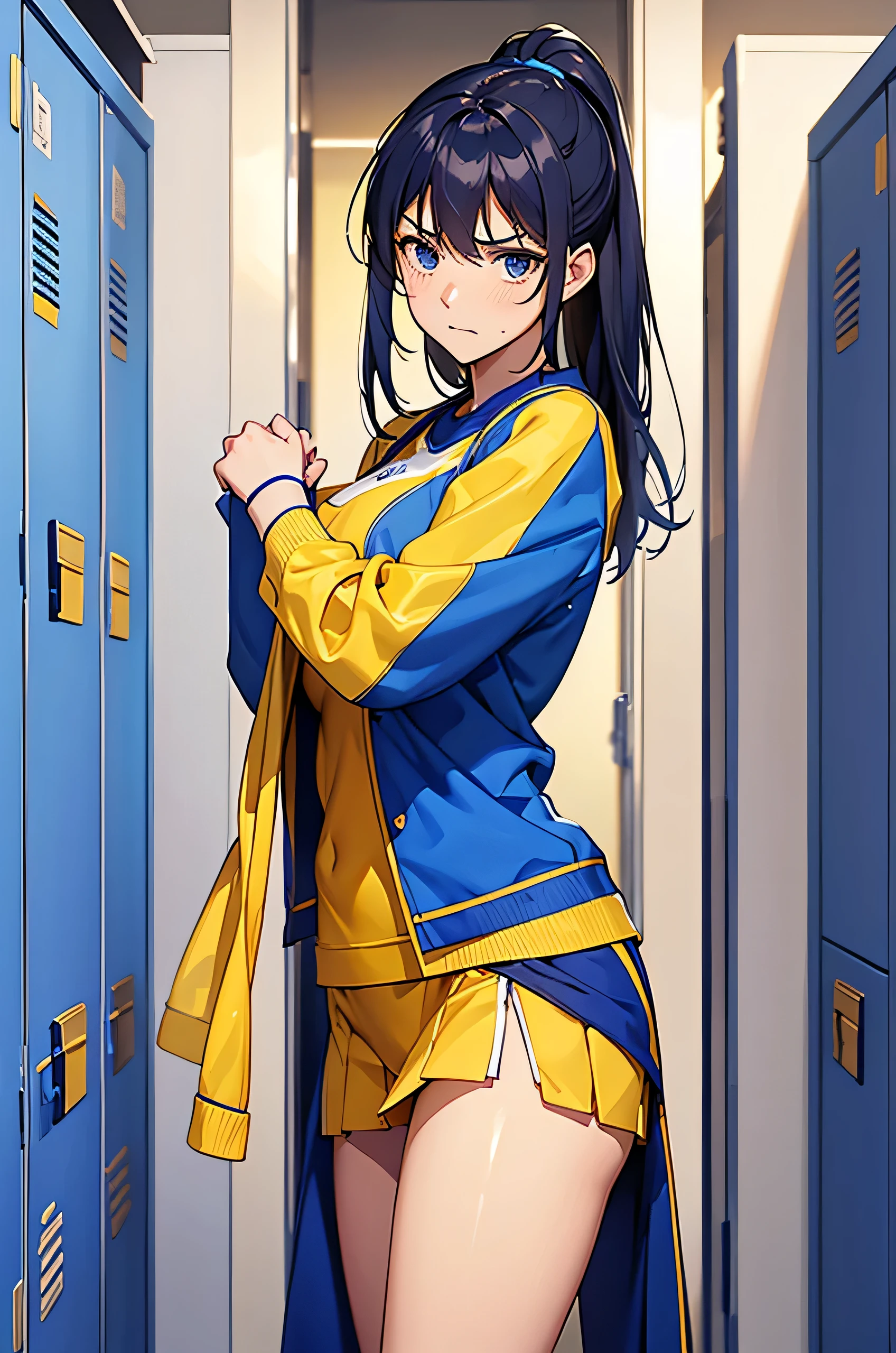 Cheerleaders in blue and yellow uniforms getting changed in the locker room。Only half of it is undressed and stopped.。Facing the camera with an angry and embarrassed look「Don't take pictures!」is shouting.。mini skirt