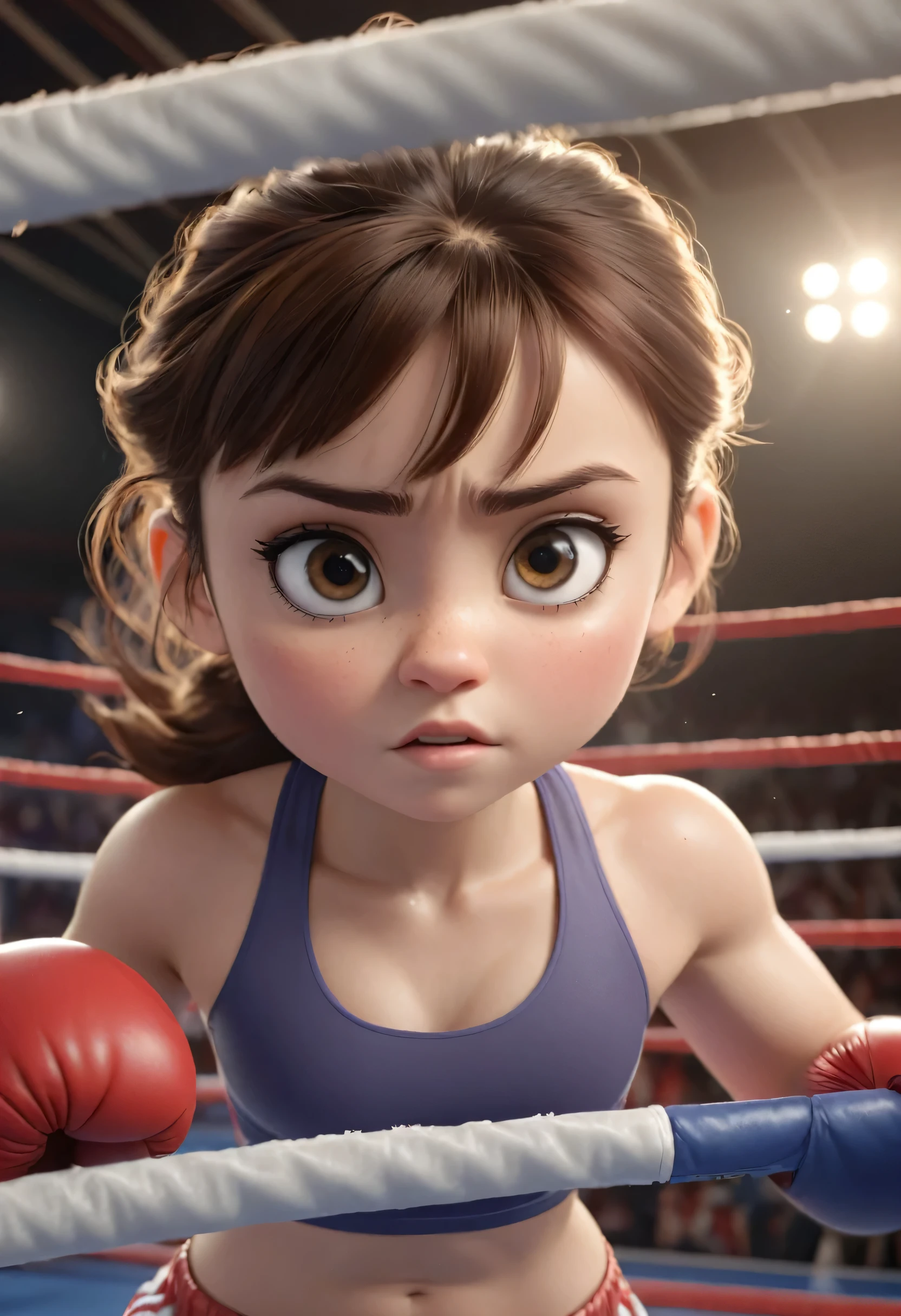 Girl on the boxing ring. Close up. High quality Pixar hyper realistic image. 4k
