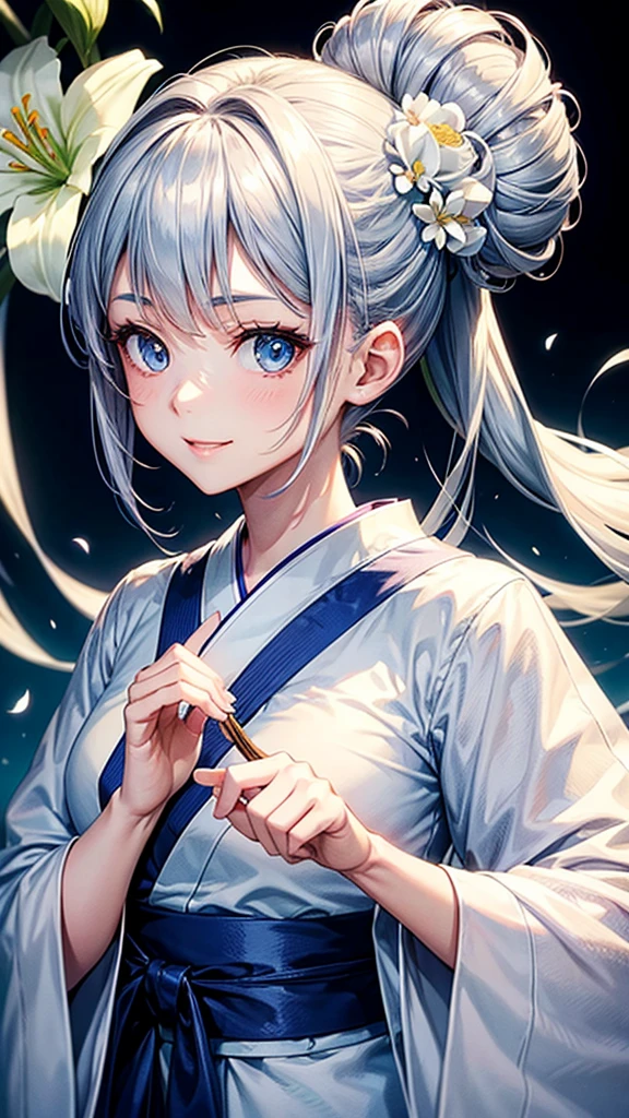 Anime character, half body only, upper body only, half body portrait, posing like a model, good looking, beautiful, full of details, aesthetic, hd, masterpiece art, amazing work. Solo, young girl, hair in bun, one bun, just one bun, flower accessories in bun, bluish gray colored hair, Lady, blue eyes, smile, elegant look, elegant carrying, white Japanese kimono, blue decoration, Lily flower theme, eyes facing camera, there are no hands to hinder the appearance, hands down, simple background.