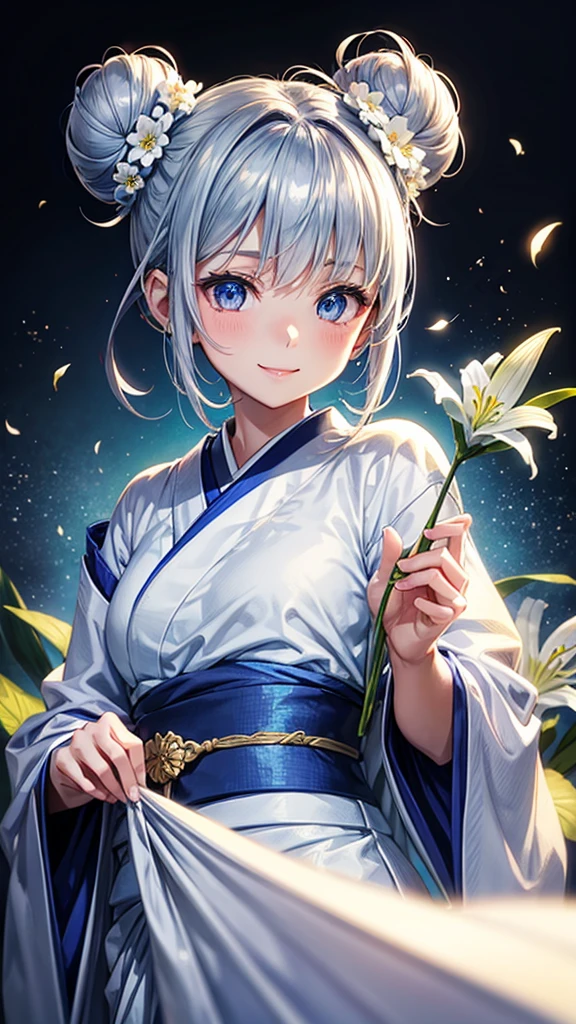 Anime character, half body only, upper body only, half body portrait, posing like a model, good looking, beautiful, full of details, aesthetic, hd, masterpiece art, amazing work. Solo, young girl, hair in bun, one bun, just one bun, flower accessories in bun, bluish gray colored hair, Lady, blue eyes, smile, elegant look, elegant carrying, white Japanese kimono, blue decoration, Lily flower theme, eyes facing camera, there are no hands to hinder the appearance, hands down, simple background.