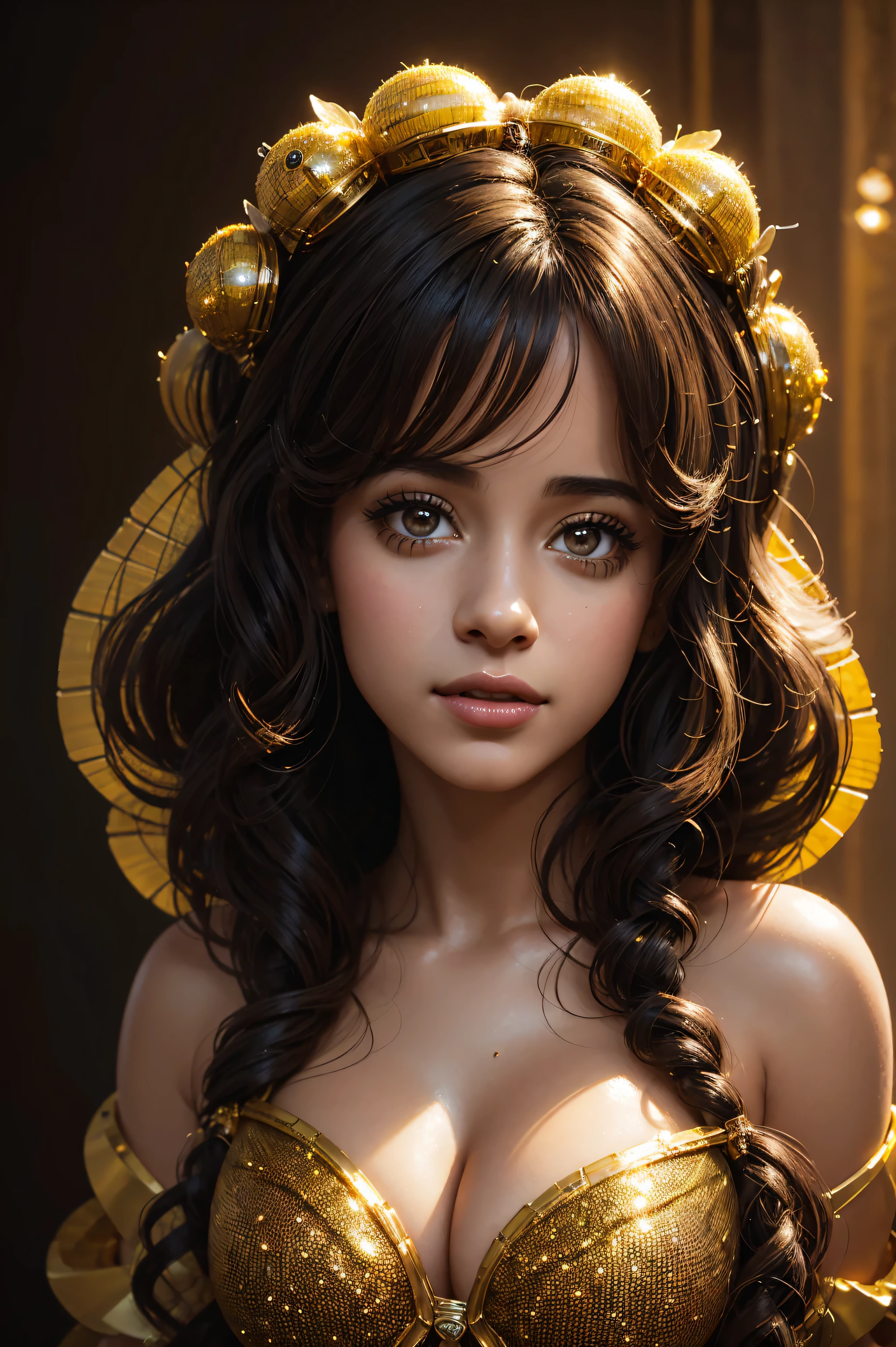 portrait Camila Cabello, wearing breasts bee costume, against the background of a beehive, character portrait, 6 9 9 0 s, curly hair, intricate, elegant, highly detailed, digital painting, artstation, concept art, smooth, sharp focus, illustration, art by wlop, charlie bowater and alexandra fomina, 36k, glittering, shining
