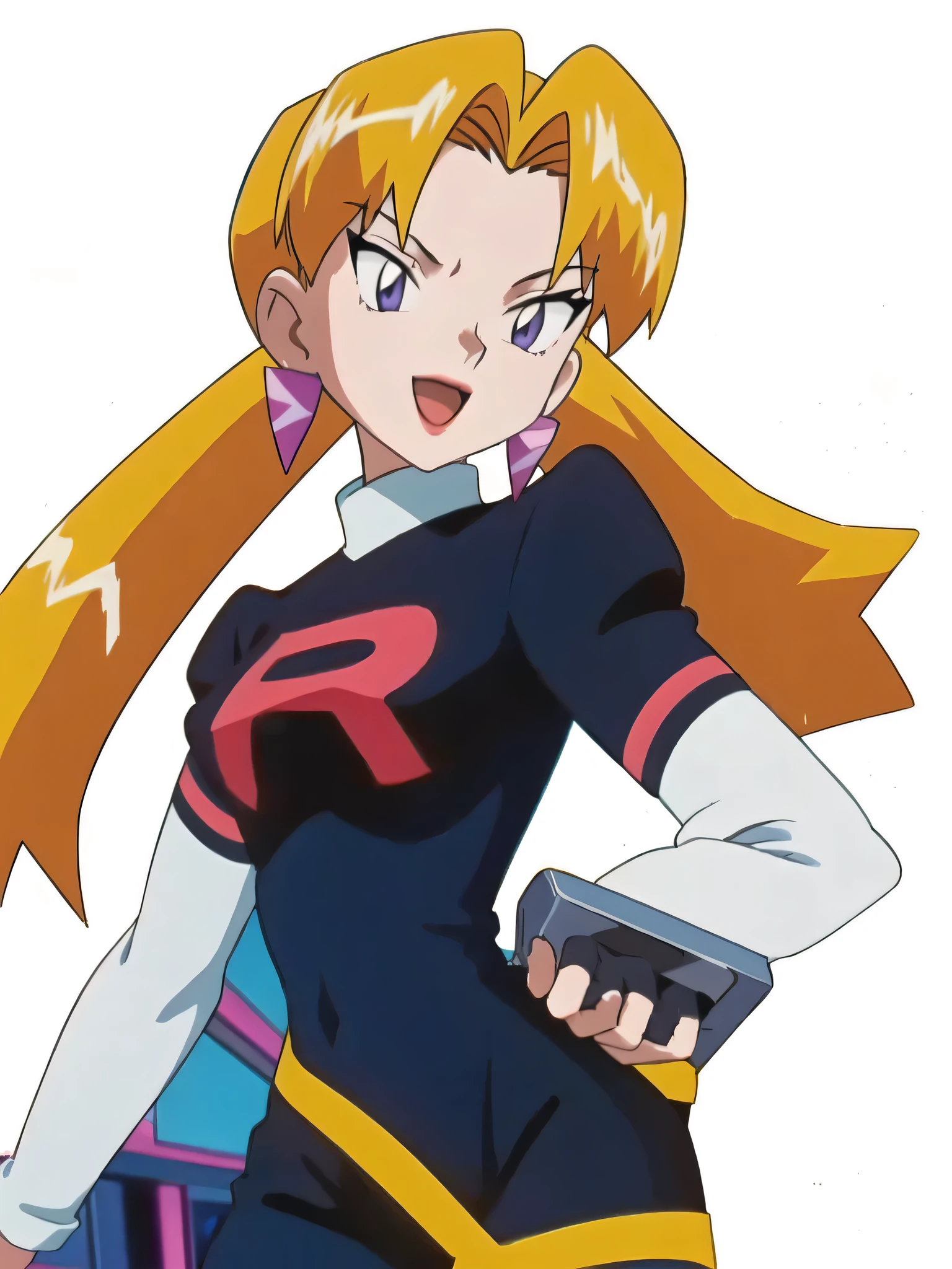 (masterpiece, best quality:1.2,ultra detailed,8k),1girl,solo,cassidy \(pokemon\),blonde hair,earrings,elbow gloves,looking at viewer,purple eyes,smile,twintails,team rocket,team rocket uniform,black shirt,lipstick
