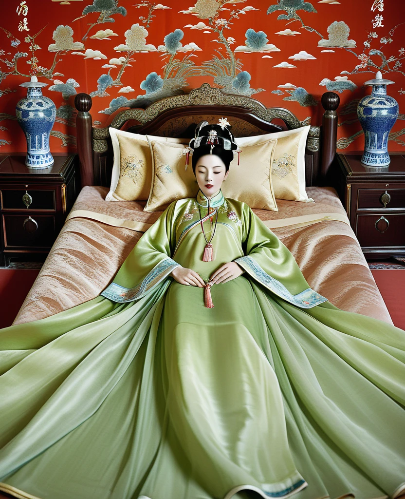 The Empress of the Qing Dynasty is sleeping naked in the luxurious Empress's Bedroom in the Chinese Royal Court The Empress of the Qing Dynasty is wearing the name of the Empress of China and has her hair tied up in the back Angle seen from above