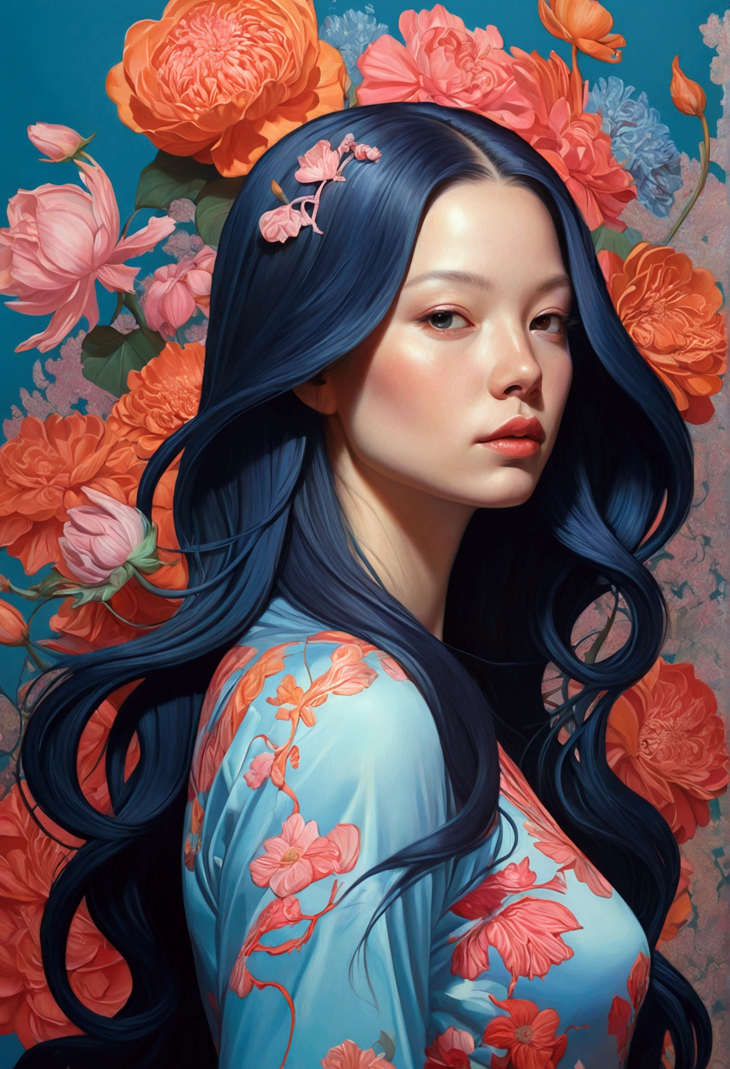 Painting of a woman with long hair and flowers, Ultra-fine detailed paintings inspired by James Jean, Reddit, neo-fauvism, James Jean and Petra Cortright, James Jean Mark, JamesJean」, James Jean Andrey Ryabovitchev, Kilian Eng: Vivid Colors, James Jean Soft Light 4K, Kilian Eng: Vivid Colors