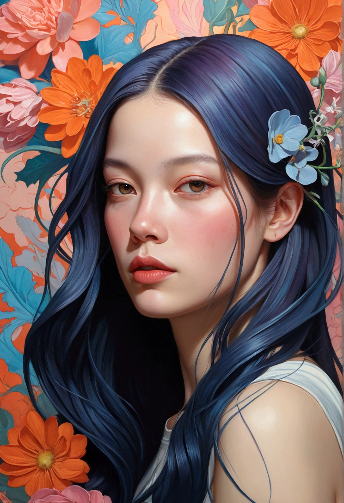 Painting of a woman with long hair and flowers, Ultra-fine detailed paintings inspired by James Jean, Reddit, neo-fauvism, James Jean and Petra Cortright, James Jean Mark, JamesJean」, James Jean Andrey Ryabovitchev, Kilian Eng: Vivid Colors, James Jean Soft Light 4K, Kilian Eng: Vivid Colors
