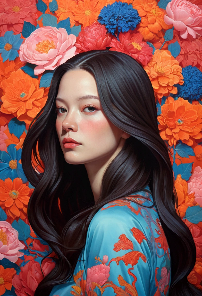 Painting of a woman with long hair and flowers, Ultra-fine detailed paintings inspired by James Jean, Reddit, neo-fauvism, James Jean and Petra Cortright, James Jean Mark, JamesJean」, James Jean Andrey Ryabovitchev, Kilian Eng: Vivid Colors, James Jean Soft Light 4K, Kilian Eng: Vivid Colors