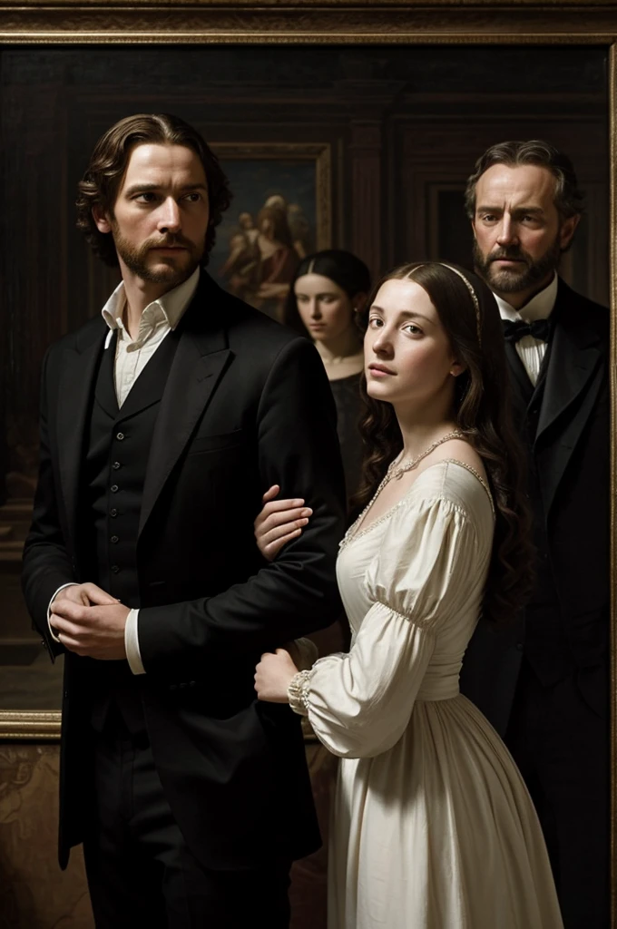 A Renaissance painting, a man sees a distant woman, they are in love, The man is wearing a black suit, and the woman a white dress, windy, low lighting, deep reliefs
