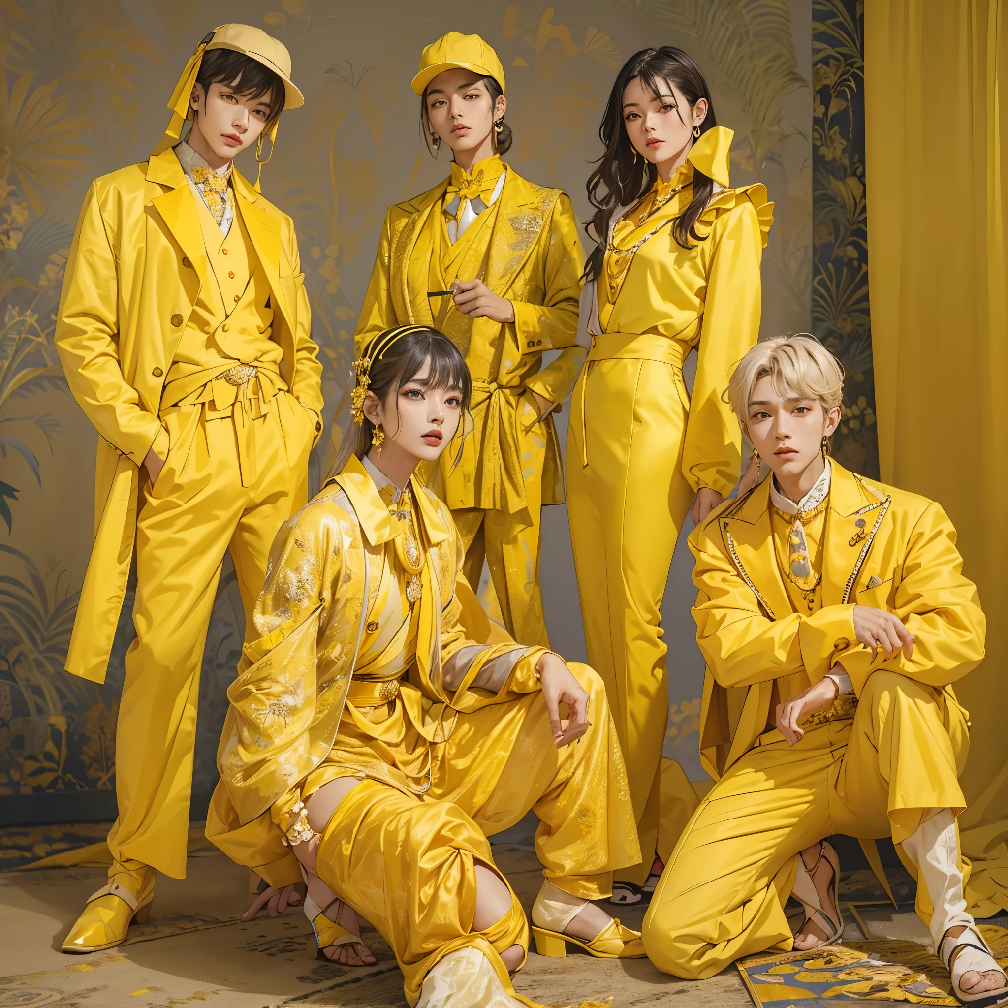A man dressed as a master craftsman in yellow and a man dressed as an entrepreneur in yellow、Adventurer man wearing yellow clothes、A quartet of female entertainers dressed in yellow。Stylish and cool with a fashion model-like pose、Make it look like a K-pop idol。