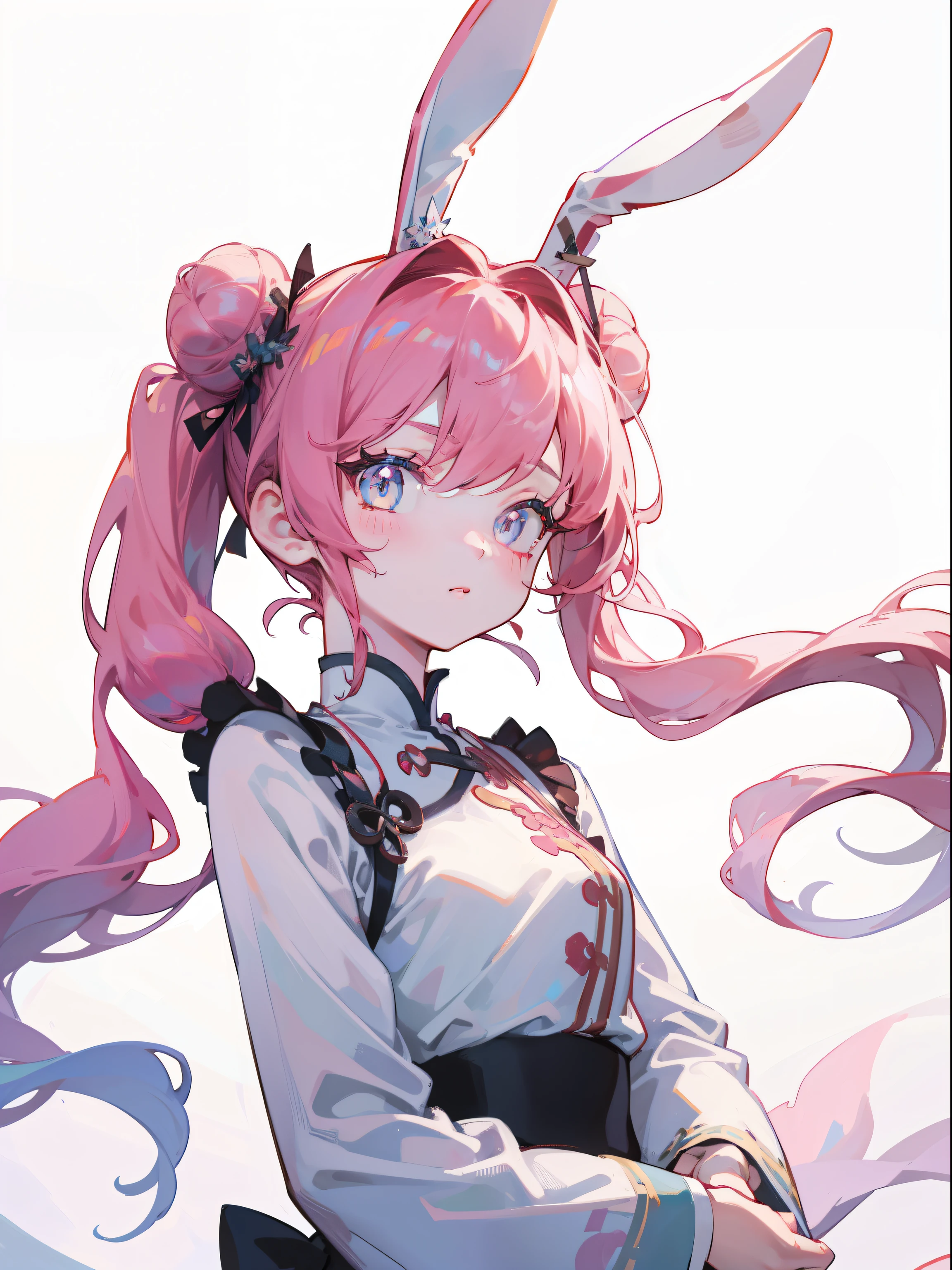 Best image quality, masterpiece level, Ultra-high resolution, realism, fantasy theme, arms, facial details, A girl with bunny ears, single, Bun with bunny ear hair accessories, fairy tale theme, Upper Body, Chinese architecture, flame, Get detailed outdoor lighting and cinematic lighting, Add detailed overall ambient lighting, Face and eye details, Improve the realism of body details, sharp focus, Expressionless, White clothes, Burgundy hair, Bright Eyes, Simple background, Bunny ears protruding