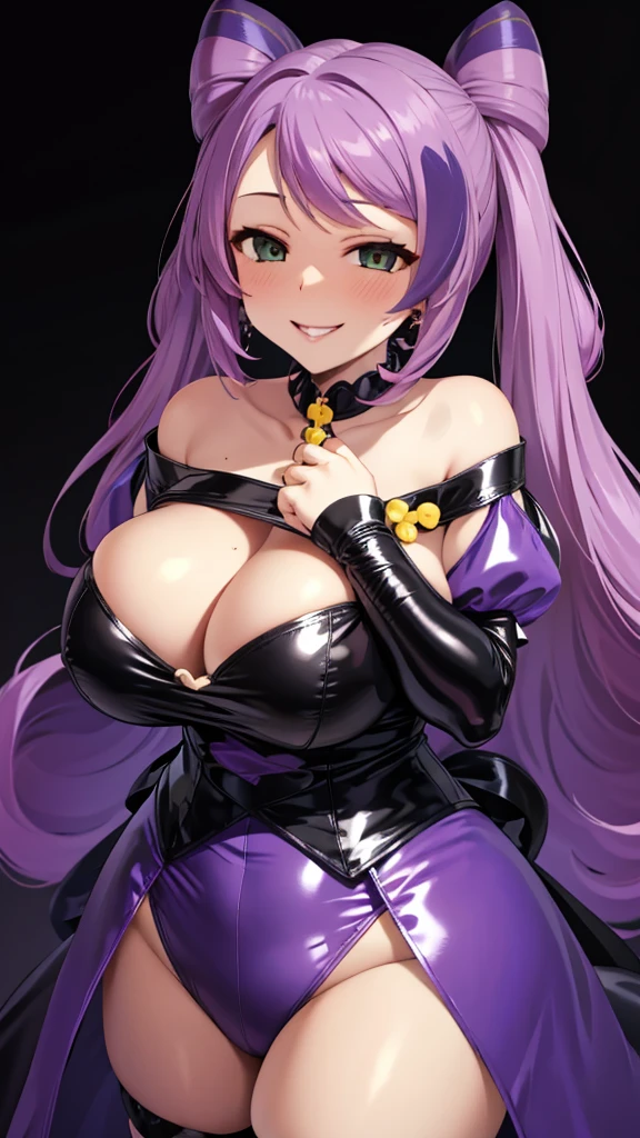 Erotic Pokemon Mimosa, tall, purple hair, curly hair, long twin tails, big breasts, mature married woman Gothic ta off-shoulder black background heart bedroom dark theme evil fall temptation excitement condescending smile sexy pose upper body emphasis upward gaze