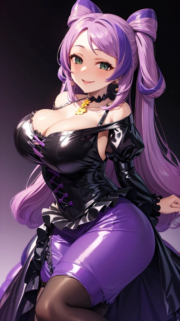 Erotic　Pokemon　Mimosa, tall, purple hair, curly hair, long twin tails, big breasts, mature married woman　Gothic　Lolita off-shoulder black background heart bedroom dark theme evil fall temptation excitement condescending smile sexy pose upper body emphasis upward gaze