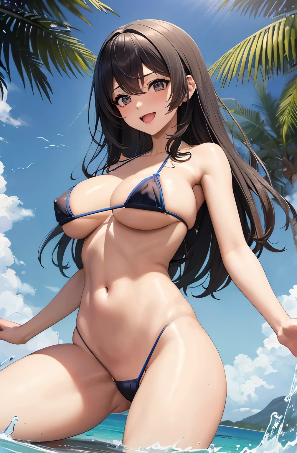 ((Highest quality)), ((masterpiece)), (detailed), High resolution, 非常にdetailedな, 非常にdetailedな CG ユニティ 8k 壁紙, Genuine, photoGenuineistic, Beautiful Faces, detailedな顔. Pale skin, Genuineistic shining skin. detailedな生地の質感, detailedな髪の質感. (Eyes with attention to beautiful detailed: 1.5), (Small hands), ((Perfect hands)). Slim legs, Leg details. ((Perfect Anatomy)). Perfect lighting. break A girl,Age 25 (detailedな黒髪:1.2). (shiny hair:1.2), (Medium Hair:1.2), (Half-laugh:1.6) (Iris:1.2). (thin:1.1), (Large Breasts:1.6), (Big Ass:1.2), (Fluffy thighs:1.1), (Blue micro bikini:1.8), break ((seductive pose)), Background Beach,