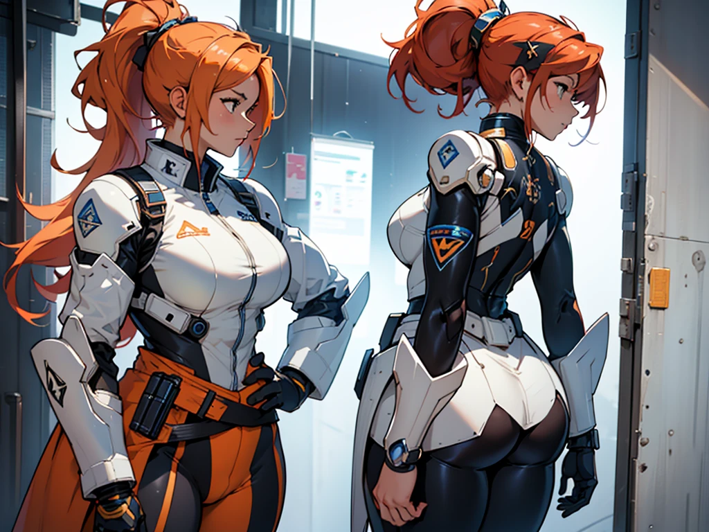 Close-up of a plump woman in a mecha bodysuit, ((character concept art)), ((character design sheet, same character, front, side, back)) character art of maple story, video game character design, video game character design, maple story plump girl, big busty, girl wearing cute mecha hairpin on her head, pale orange hair, large ponytail, top ponytail  hairstyle, white glowing decoration on girl's mecha armor, expert high detail concept art, metal bullet concept art, funny character design, plump woman anime inspiration, sticky tar. Concept art, belt buckle at waist, mechanical weapon, mechanical wings