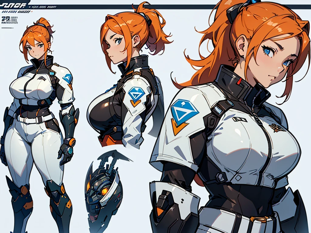 Close-up of a plump woman in a mecha bodysuit, ((character concept art)), ((character design sheet, same character, front, side, back)) character art of maple story, video game character design, video game character design, maple story plump girl, big busty, girl wearing cute mecha hairpin on her head, pale orange hair, large ponytail, top ponytail  hairstyle, white glowing decoration on girl's mecha armor, expert high detail concept art, metal bullet concept art, funny character design, plump woman anime inspiration, sticky tar. Concept art, belt buckle at waist, mechanical weapon, mechanical wings