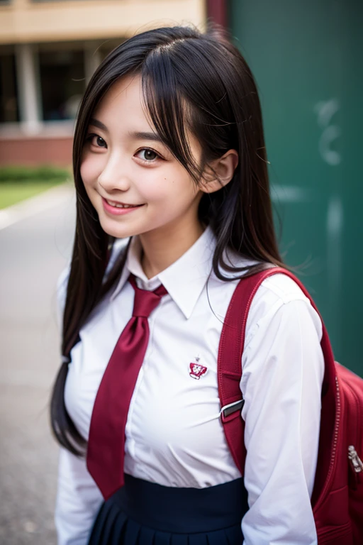 ((Highest quality)), ((masterpiece)), (detailed),   Long Black Hair　Lori　Droopy eyes　smile　Short　Clear　High school girls　younger sister　whole body　profile　school uniform