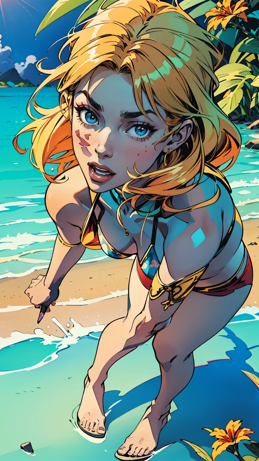 Beautiful Alluring summer taned young island woman, Barely Clothed, patterned mikro bikini, taned skin, athletic body, orange blonde hair, hair ornaments, flowers, at a tropical beach, Beautiful D&D Character Portrait, tropical Fantasy, tropical theme, Detailed, Digital Art, Extreme Detail, Polished, Beautiful, Hyperdetailed, Intricate, Elaborate, Meticulous, Anime Character, Detailed, Anime Face, Sharp Focus, Unreal Engine, 3d Rendered, Volumetric Lighting, Reflections, Glossy, Digital Illustration, Pose, Suggestive Pose, Full Body Shot, 💖❤💕💋❣