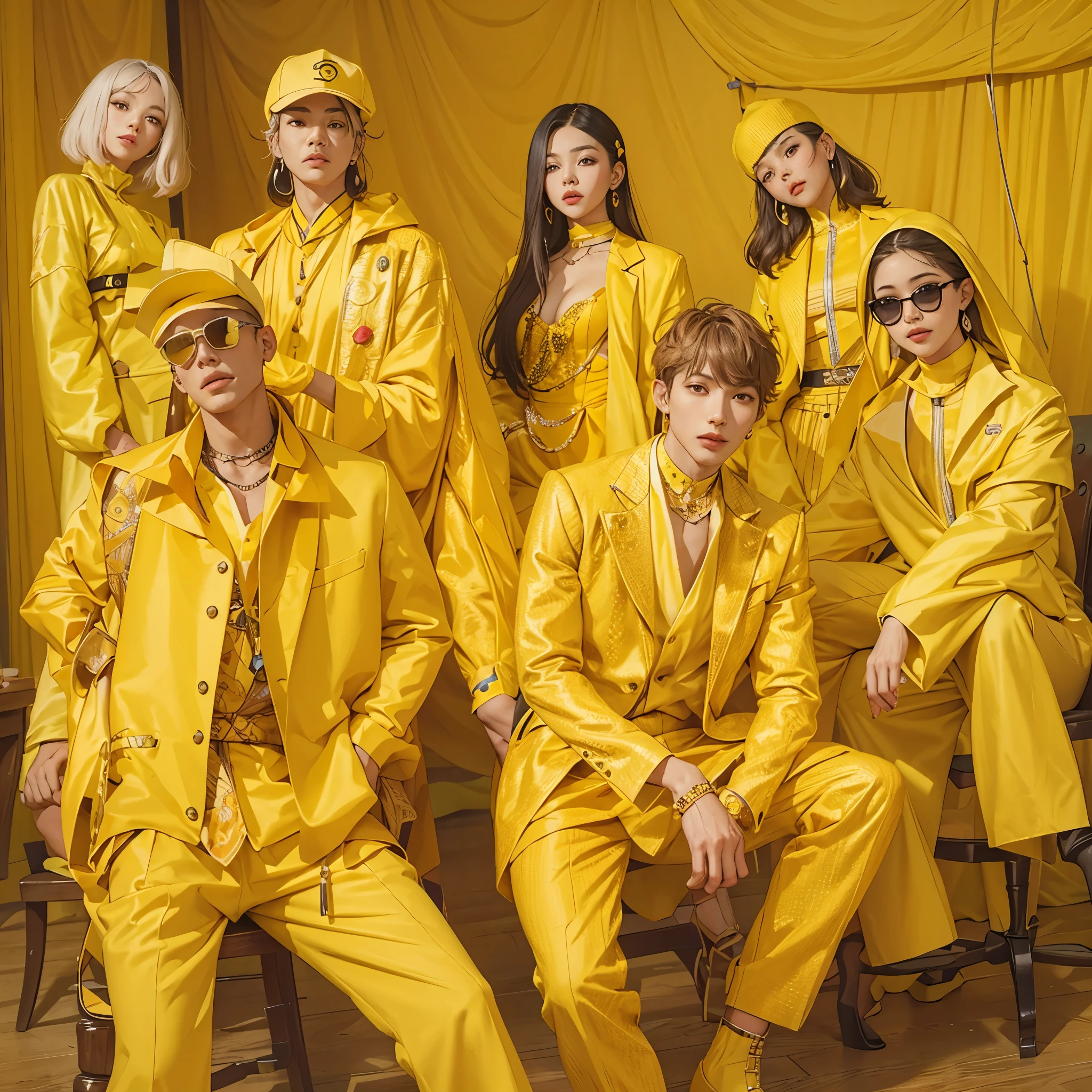 A man dressed as a master craftsman in yellow and a man dressed as an entrepreneur in yellow、Adventurer man wearing yellow clothes、A quartet of female entertainers dressed in yellow。Stylish and cool with a fashion model-like pose、Make it look like a K-pop idol。