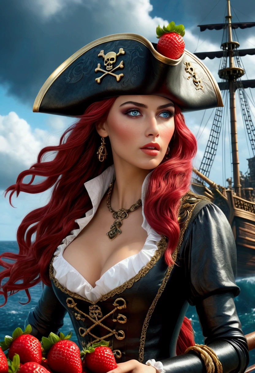 A female pirate with beautiful detailed eyes, beautiful detailed lips, extremely detailed face, long eyelashes, eating a strawberry, emeraldas, intricate ornate pirate costume, pirate ship in background, ocean waves, cloudy sky, dramatic lighting, cinematic composition, (best quality,4k,8k,highres,masterpiece:1.2),ultra-detailed,(realistic,photorealistic,photo-realistic:1.37), cinematic lighting, dramatic atmosphere, vibrant colors, giga_busty
