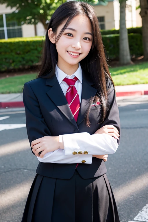 ((Highest quality)), ((masterpiece)), (detailed), Long Black Hair Lori Droopy eyes smile Short Clear High school girls younger sister whole body profile school uniform