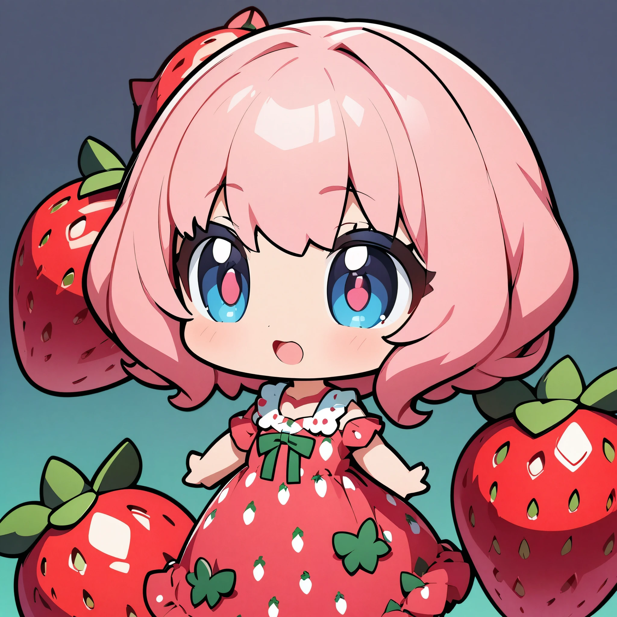 (Anime Style:1.2, masterpiece:1.2), Chibi Character, Girl in strawberry dress, Cute strawberry character, Deformation, Solid color background:1.1, Fancy Art.