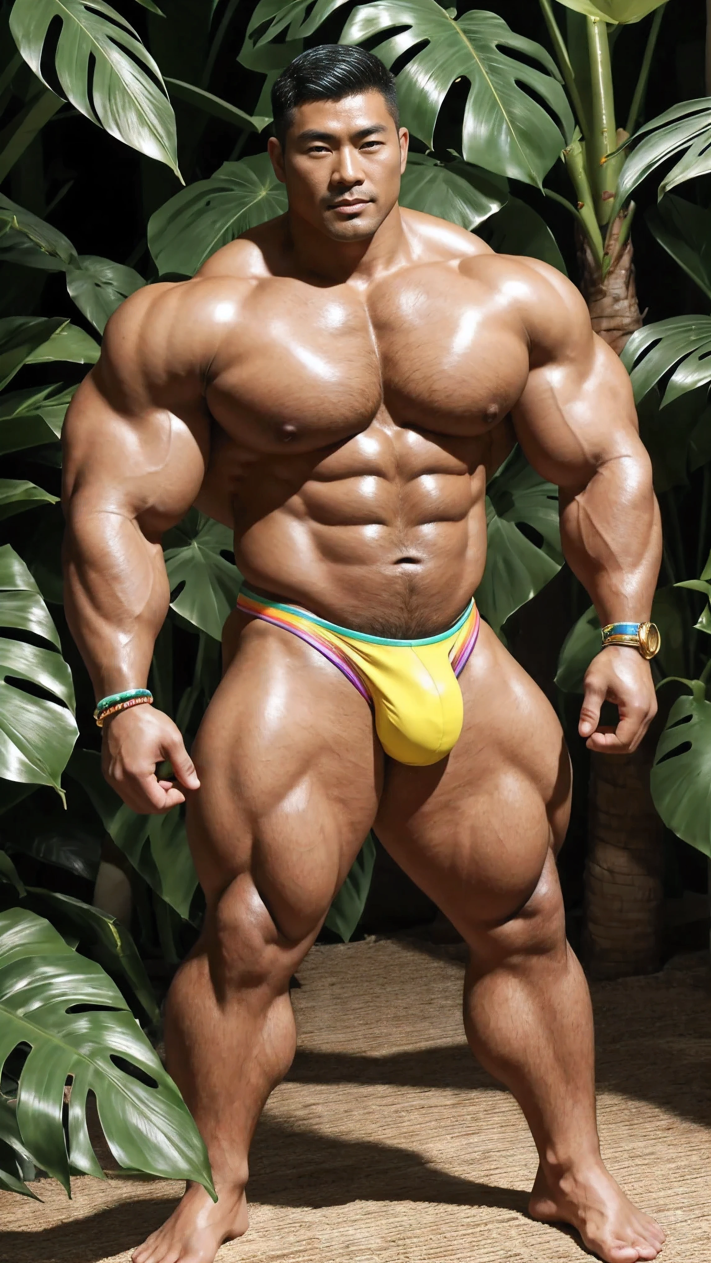 There is only one handsome Chinese man in the photo，50 years old，tall, Fitness，Smooth body，Smooth skin，No chest hair，short hair, O-Shaped Beard，Perfect body, Dark skin color，Radiant Skin，Smooth skin，Shiny, shiny skin，Smooth pectoral muscles，Muscle bulge, muscular, Very large pectoral muscles，Very sexy 8 pack abs，Very well-developed leg muscles，Huge concave and convex area，Brightens oily skin，Wear a fluorescent rainbow leather thong，Handsome face，Normal human toes，Correct and accurate male body proportions，Gold bracelet，Gold anklets，Standing in front of the Monstera forest。
