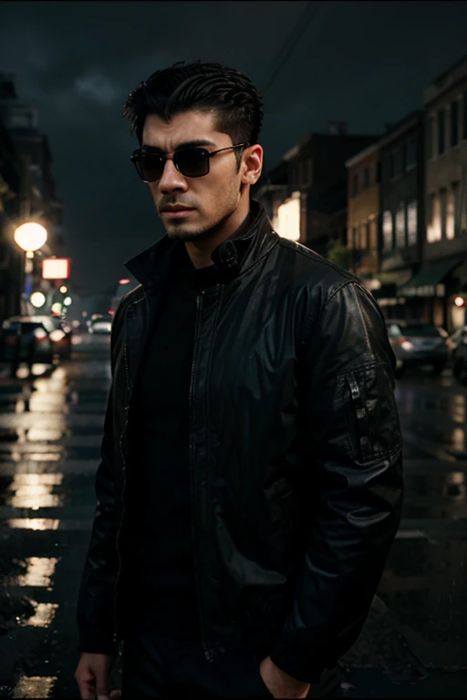 realisticcinematic film still of Neo, Zayn Malik, The Anomaly, The One, solo, black hair, 1boy, jacket, male focus, outdoors, black jacket, night, sunglasses, ground vehicle, motor vehicle, rain, car, running, agent smith,The Matrix Style, shallow depth of field, vignette, highly detailed, high budget, bokeh, cinemascope, moody, epic, gorgeous, film grain, grainy