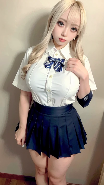 Heavy makeup,blonde,Japanese,White collared shirt, tie, Pleated skirt, Micro Mini Skirt, loafers, Beautiful thighs,Big Boobs Random Pose