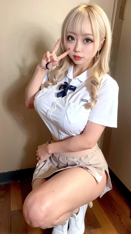Heavy makeup,blonde,Japanese,White collared shirt, tie, Pleated skirt, Micro Mini Skirt, loafers, Beautiful thighs,Big Boobs Random Pose