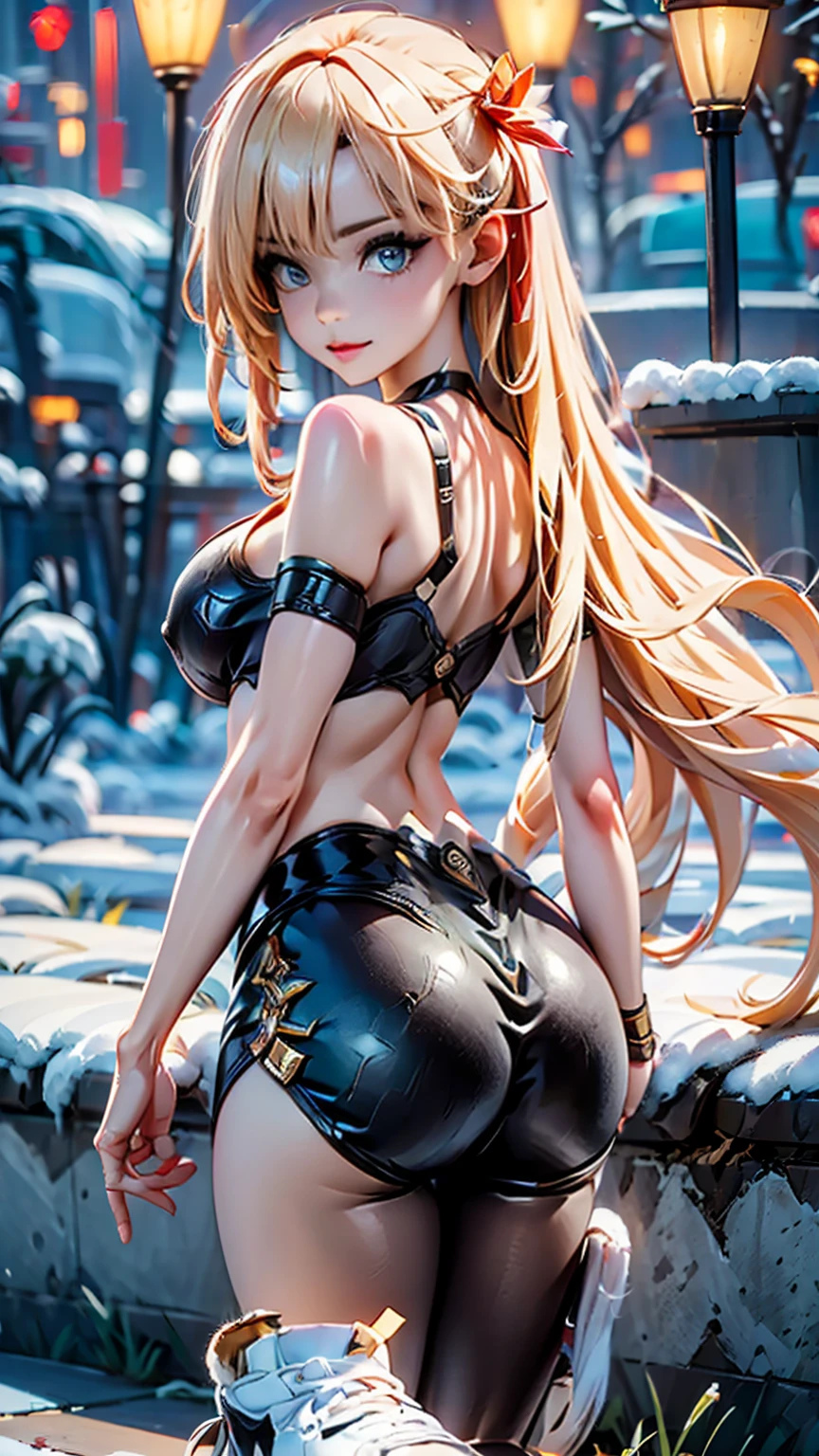 1girl, anime girl, anime, girl, 2d girl, y, (fullbody), standing, golden eyes, smiling, blush, (long hair, single ponytail, orange hair), ((black latex tank top, bare arms, bare shoulders)), ((cleavage, areolae, areola, areola exposed)), Solo, big , big breasts, nsfw, Tight Shorts, low waist shorts, upshorts, from below, flat terrain with mountains in the background, looking at viewer, darker shadows, (((sexy))), (((explicit))), (((shorts))), (((absurdres))), (((thigh gap))), cameltoe, (((cameltoe))), (((cleft of venus))), (((lowleg shorts))),