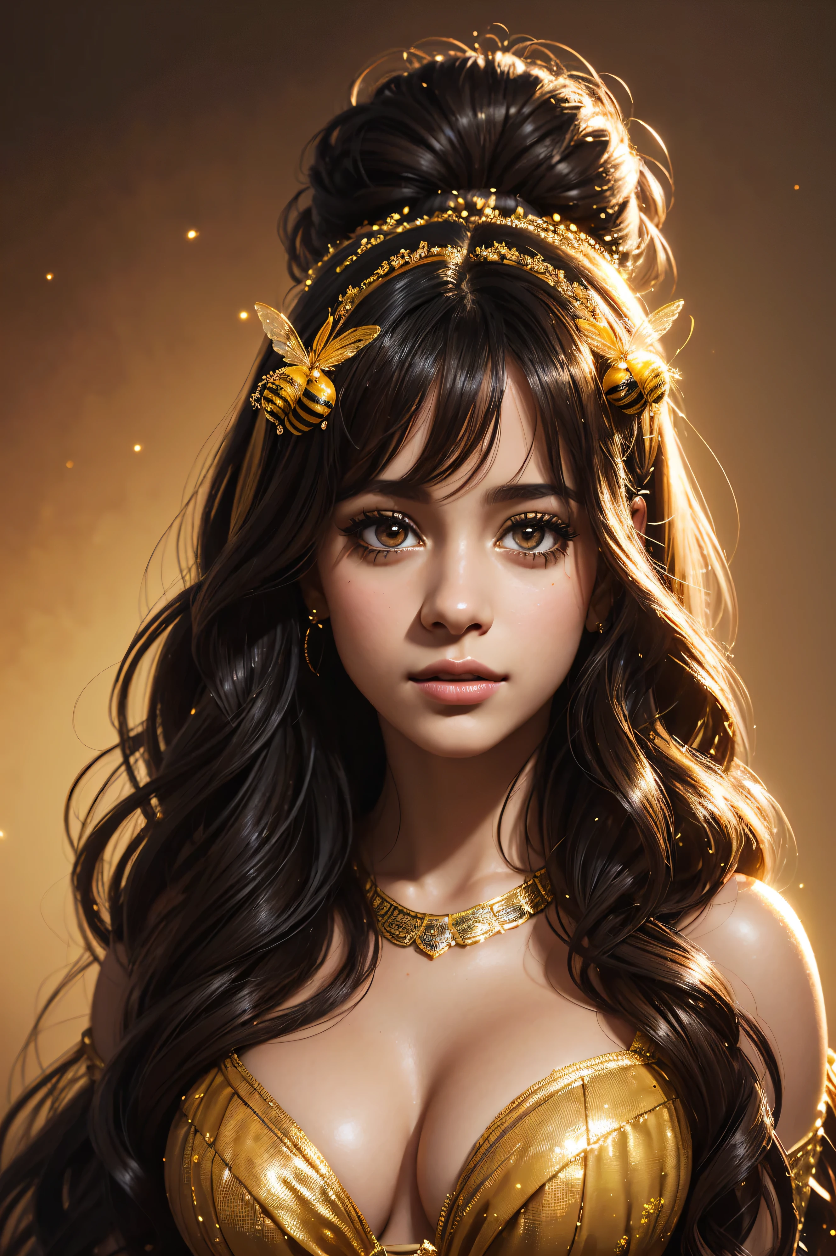 portrait Camila Cabello, wearing breasts bee costume, against the background of a beehive, character portrait, 6 9 9 0 s, wavy hair, intricate, elegant, highly detailed, digital painting, artstation, concept art, smooth, sharp focus, illustration, art by wlop, charlie bowater and alexandra fomina, 36k, glittering, shining
