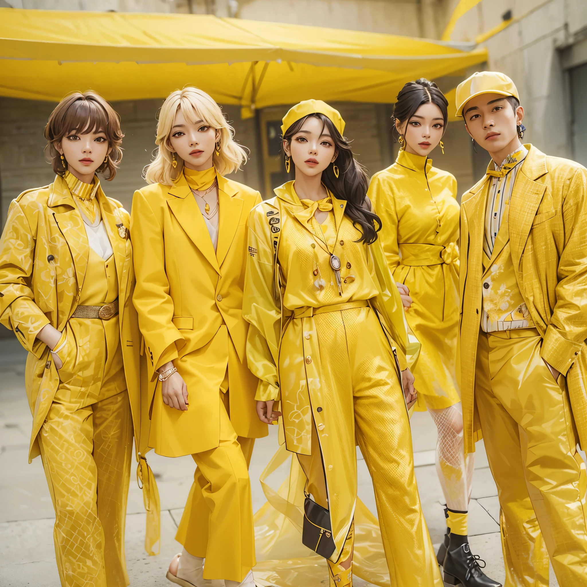 A man dressed as a master craftsman in yellow and a man dressed as an entrepreneur in yellow、Adventurer man wearing yellow clothes、A quartet of female entertainers dressed in yellow。Stylish and cool with a fashion model-like pose、Make it look like a K-pop idol。