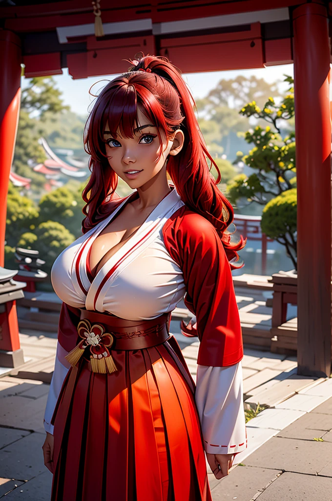 young asian woman teen, 18 years old, ((red wavy hairs with side bang)), long high ponytail, ((miko clothes)), long sleeves, ((hakama skirt)), huge round fakebreasts, small waist, small hips, ((deep open v-cleavage)), tanned skin, tan, (sultry blue eyes), seductive smile