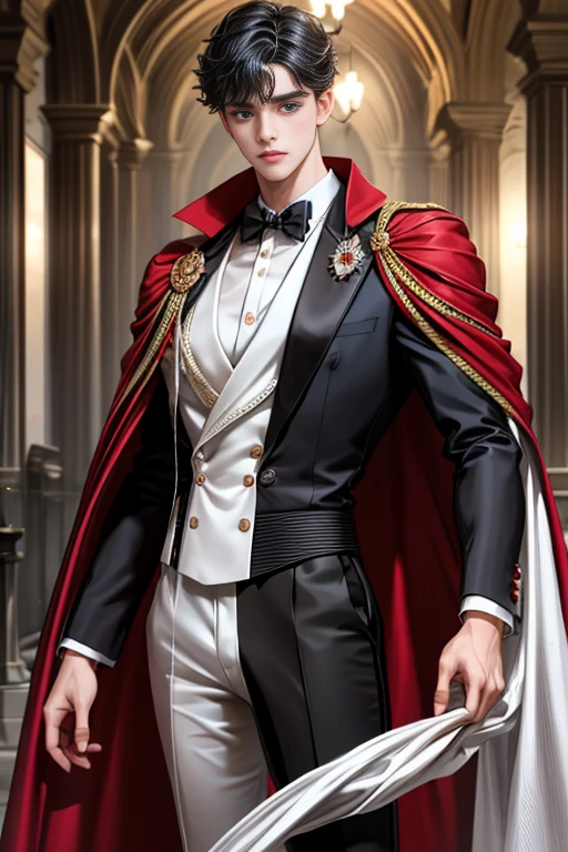 masterpiece, 最high quality, high quality, 1 boy, alone, Male focus, Watching the audience, Messy black hair, Adorable big blue eyes, White, Noble, Noble,A black and red cape that is bursting with sexy volume、Tuxedo、A very voluminous, large, very large, very large, long, long red and black cape with a high stand-up collar, made of a lot of fabric that reaches down to the floor., 17 years old,Cute beautiful boys,Cute, cute, kind, handsome guy