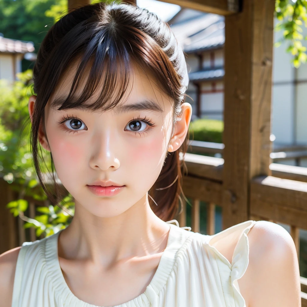 (Beautiful 16 year old Japan woman), Cute Face, (Deeply chiseled face:0.7), (freckles:0.6), Soft Light,Healthy white skin, shy, ponytail, (Serious face), (Sparkling eyes), thin