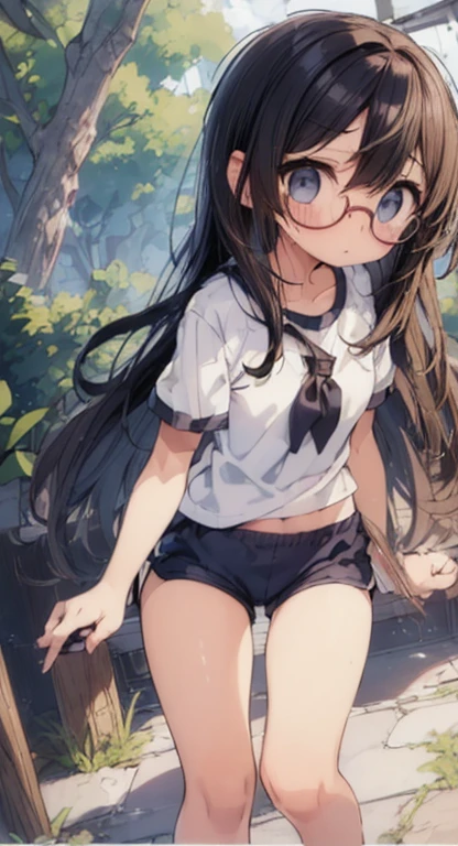 (big round glasses:1.3)、(Timid girl、sorrow、blush、Watery eye:1.2)、Long black hair、White short sleeve shirt、(Navy blue shorts、Wide-legged shorts、Shorts and thigh gap、Wide opening in shorts:1.3)、(Gym suit)、 body、Flat body