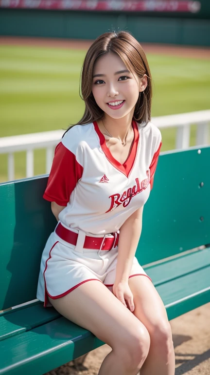 1 girl、(Age 27)、(Highest quality), Realistic, Very detailed, finely, High resolution, (8k), One beautiful woman, (Starry Sky Baseball Stadium)、(Taiwan Rakuten Cheerleaders),(A white T-shirt with a red Rakuten logo))、((Red Belt))、((White shorts))、((From the whole body to the toes:1.3)、((Full Body Shot:1.3))、(Big Breasts)、(Big Ass),(Look back and laugh)、 (Look at me and smile),(Side Shot)、(Side view:1.3)、(photoRealistic:1.3),(From the whole body to the toes:1.3)、(Sit on a bench)、(A smile showing white teeth),