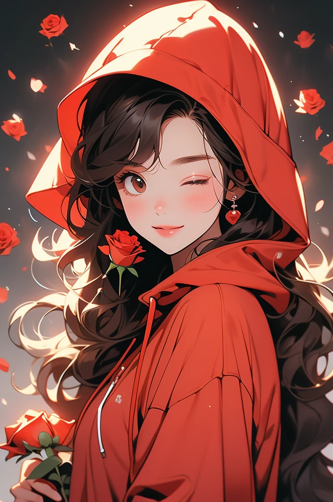 there is a drawing of a person wearing a red hoodie holding a rose, 1girl, solo, hood, flower, holding flower, brown hair, rose, one eye closed, looking at viewer, black background, holding, long hair, hoodie, simple background, upper body, long sleeves, smile, brown eyes, red flower