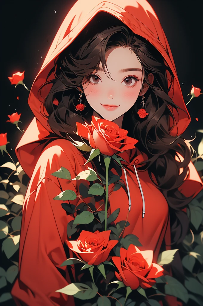 there is a drawing of a person wearing a red hoodie holding a rose, 1girl, solo, hood, flower, holding flower, brown hair, rose, one eye closed, looking at viewer, black background, holding, long hair, hoodie, simple background, upper body, long sleeves, smile, brown eyes, red flower