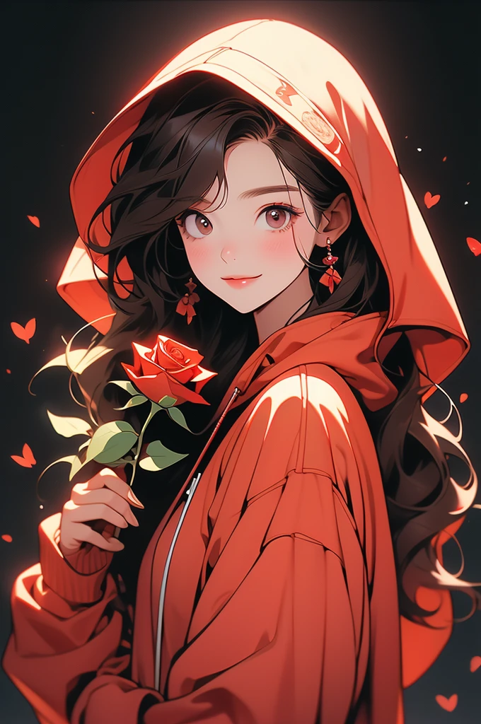 there is a drawing of a person wearing a red hoodie holding a rose, 1girl, solo, hood, flower, holding flower, brown hair, rose, one eye closed, looking at viewer, black background, holding, long hair, hoodie, simple background, upper body, long sleeves, smile, brown eyes, red flower