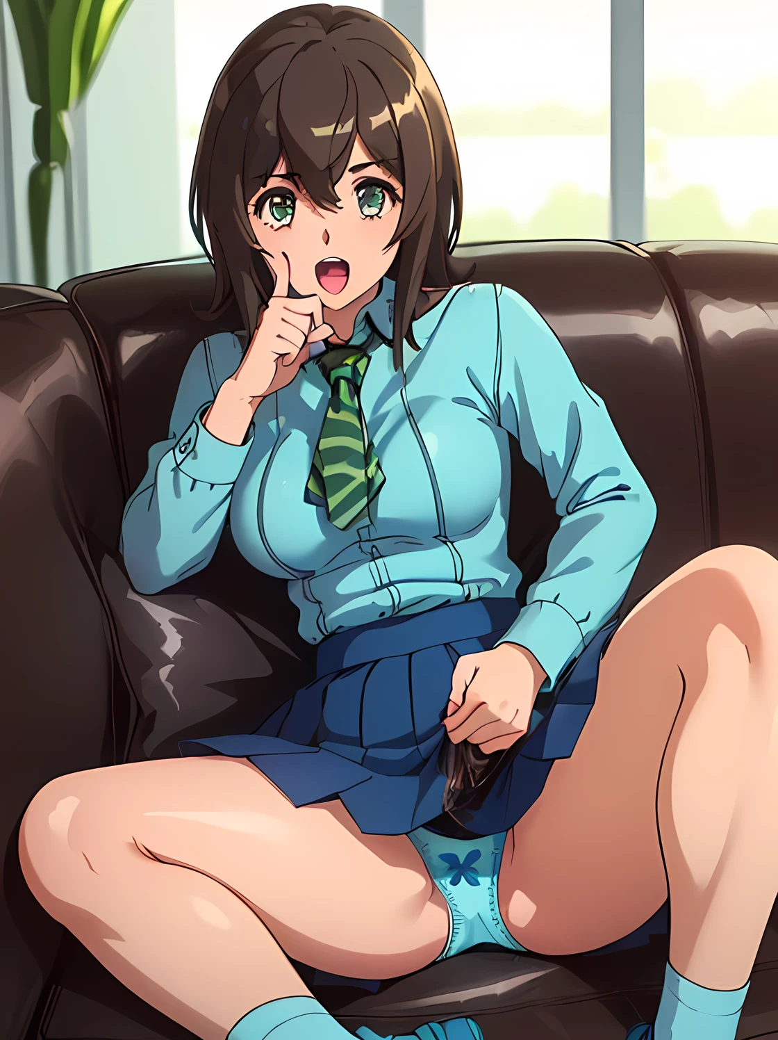 (Highest quality, 8k, High resolution, Realistic:2.0), (alone, One Girl:2.0),(Lighting: strong),(Lighting: front),(Very muscular girl:2.0),(Beautiful girls:1.5),(Glowing Skin:1.5),(Brown Hair Color:1.5),(Bend your legs and open your thighs:1.8),(Black Loafers:1.5),(Light Blue Blouse:1.6),(Blouse with collar:1.2),(long sleeve Light Blue Blouse:1.3),((Tight blouse:1.7)),(Accentuate your cleavage:1.2),(Short socks),(White socks:1.1),((Blue pleated skirt)),((Blue Skirt)),((Wearing floral panties)),((Girl leaning on an old leather sofa)), Very beautiful Japanese girl, Cheek brown makeup , Heavy eye makeup,(Hold your loosely clenched fist in front of your face:1.7),(Girl with open mouth:1.4),(Instruct viewers to perform self-handjobs),(handjob gesture:1.3),(Masturbation instruction for viewers),(Very smiling girl),(Instructing viewers to masturbate:1.3)