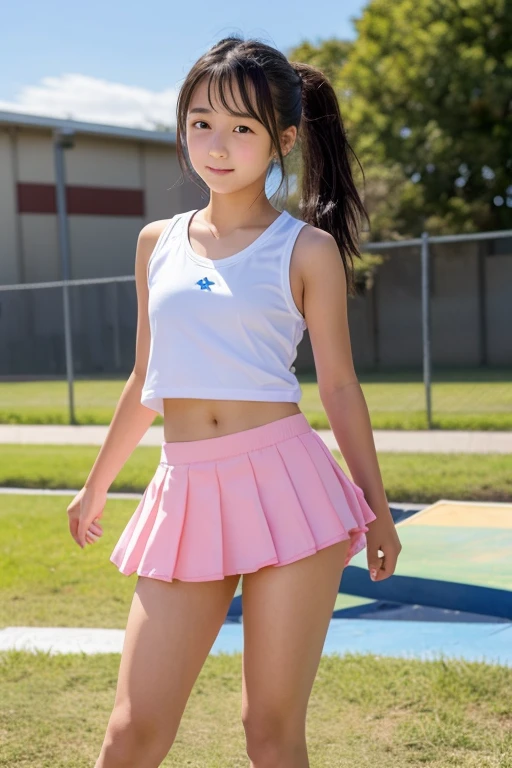 Japanese female  high school student, 14 yea athlete, skateboarder, ponytail, cute miniskirt, angle looking up from thighs, sweat-glowing chest, girlish buttocks, flushed cheeks、Steamy thigh panties
