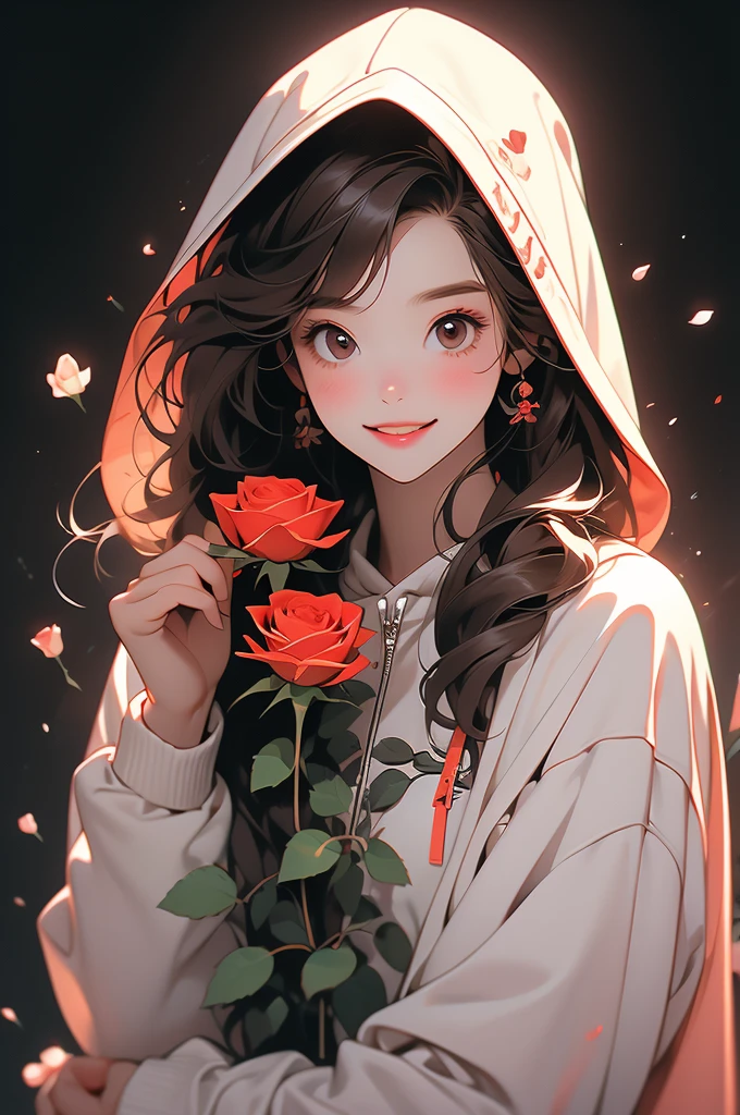 this is a very cute girl with a rose coming out of her hoodie, 1girl, solo, hood, flower, holding flower, brown hair, rose, one eye closed, looking at viewer, black background, holding, long hair, hoodie, simple background, upper body, long sleeves, smile, brown eyes, red flower