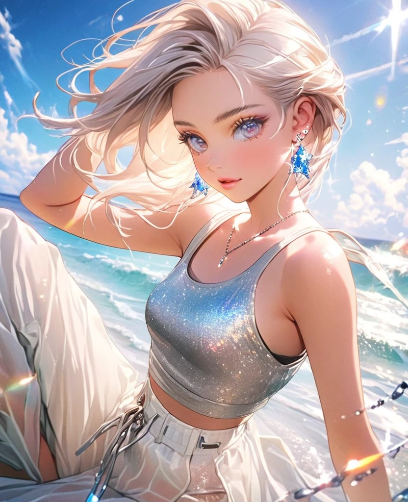8K,gal,an extremely delicate and beautiful,Beautiful and realistic skin,Shiny jewel-like earrings,Shine like glitter long white hair,beautiful eyes,Fashion Model,full body,baggy pants,tank top