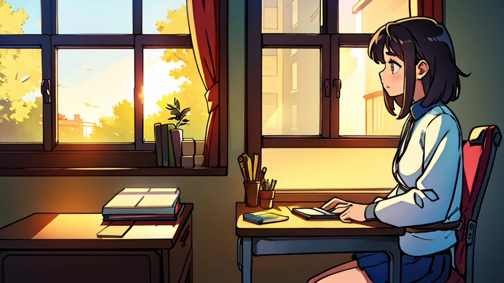 interior photo, study girl, sitting, medium hair, with a music player, inside, in the room, with a desk, with a chair, with a window, in the afternoon, calm atmosphere, sunlight, high quality