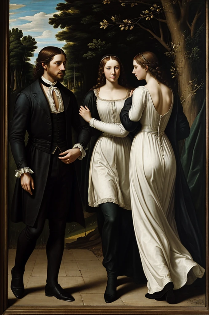 Renaissance painting a man dressed in black suit from back, a woman in a white dress approaches him in the distance, they are in love, deep reliefs, windy, Renaissance style