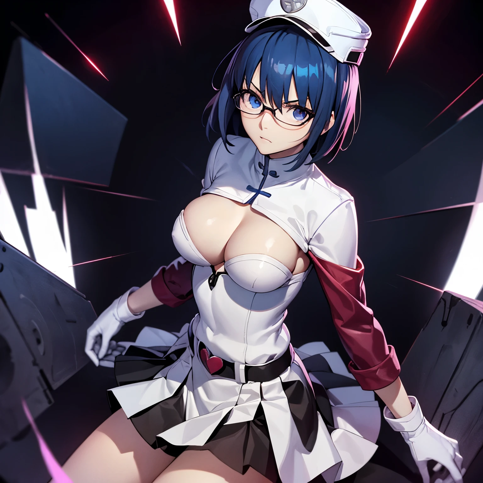 White gloves, red eyes, white jacket, white skirt, best quality, masterpiece, Highly detailed, illustration, absurdres, white military uniform, white uniform, white hat, solo, 1girl, expressionless, blank eyes, looking at viewer, emotionless, corruption, mind control, female combatant, full body, hypnotized, unhappy trance, perfect female body, extremely glossy latex, belt, hypnosis, hypnoLora, empty eyes, Mind control device, thigh high, Bleach, Quincy, thighhighs, tight miniskirt, medium breast, ciel_(tsukihime), blue hair, blue eyes, short hair, glasses