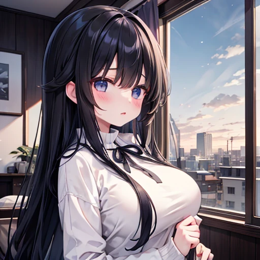 winter、cold、girl、morning、Large Breasts、Long Hair、Long black hair