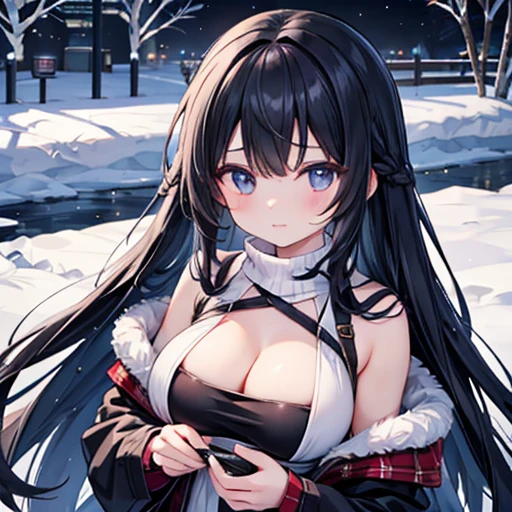 winter、cold、girl、morning、Large Breasts、Long Hair、Long black hair