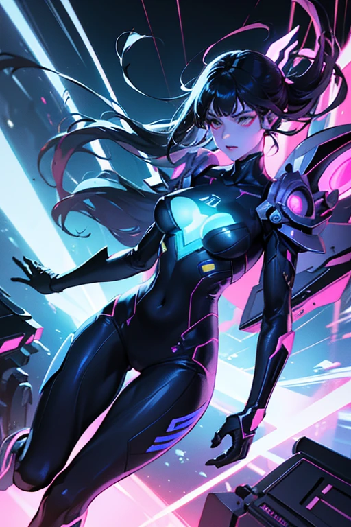 full body, Futuristic girl in high tech combat suit, Smooth, skin-tight bodysuit, Detailed facial features, Sharp Eye, Elegant pose, Advanced Machinery, Neon Light, Metallic accents, Cinema Lighting, Vibrant colors, Dramatic atmosphere, Ultra-detailed, 8k, Shoulder Bare, Exposed Skin, Realistic、Exposed breasts、