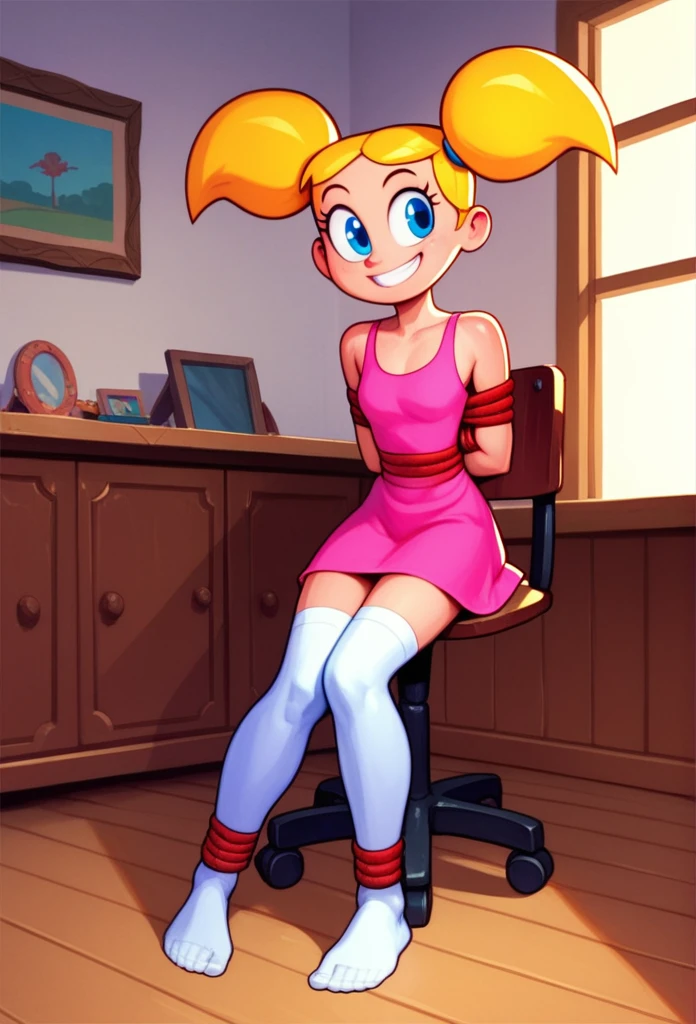 blonde hair, deedee, solo, white legwear, pink dress, twintails, blue eyes, 1girl, short twintails, smile, standing,  5 toes, black toe nails, Focus full body, sitting on a chair, tied ankles together,tied arms, with no shoes,  